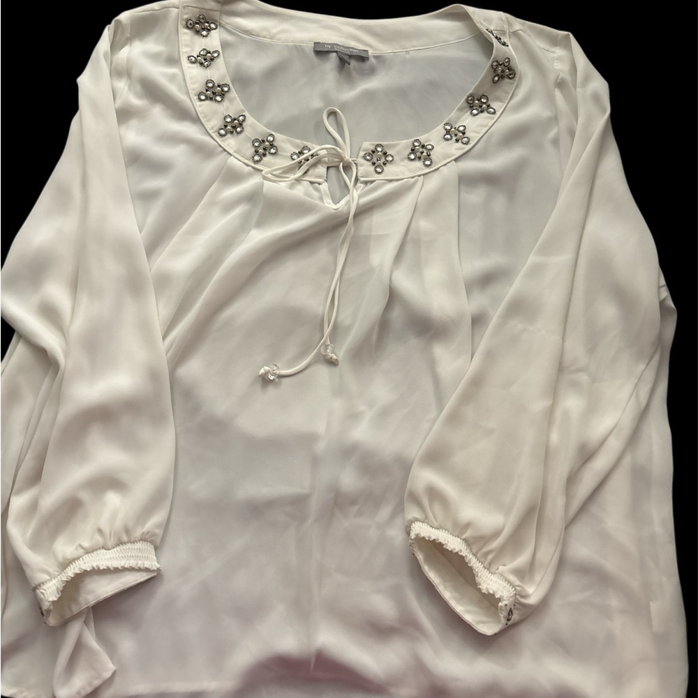 NY Collection White Puff Sleeve Blouse with Tie Front